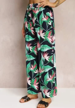 Granatowo-Zielone Spodnie w Kwiaty z Wiskozy i Gumką w Pasie Chedia