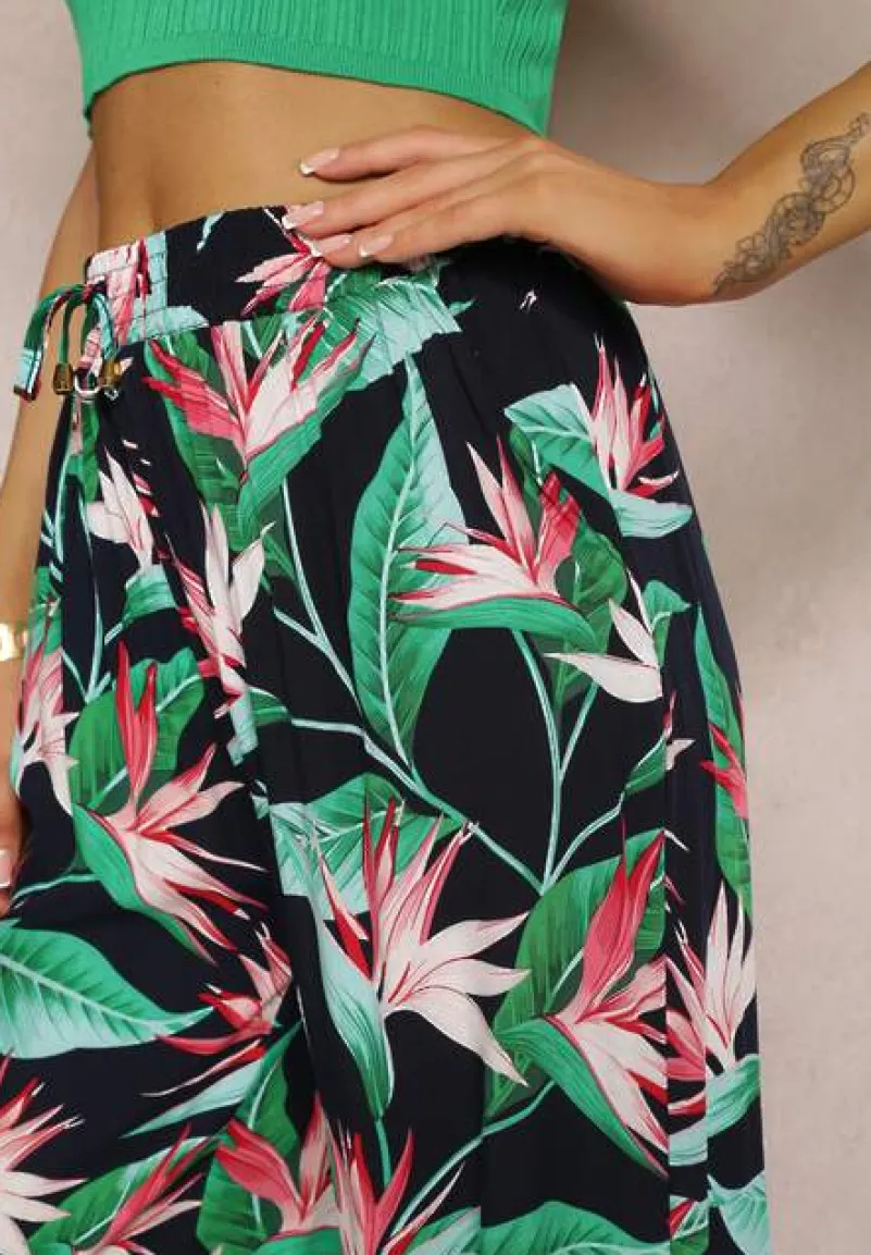 Granatowo-Zielone Spodnie w Kwiaty z Wiskozy i Gumką w Pasie Chedia