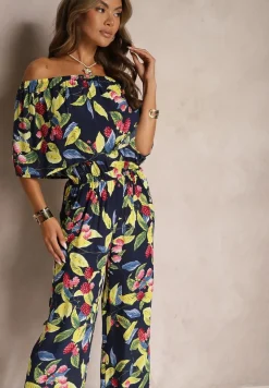 Granatowo-Zielony Kombinezon z Wiskozy z Dekoltem w Stylu Hiszpanki Nelodie