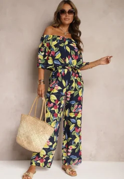 Granatowo-Zielony Kombinezon z Wiskozy z Dekoltem w Stylu Hiszpanki Nelodie