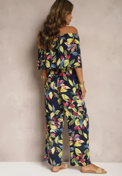 Granatowo-Zielony Kombinezon z Wiskozy z Dekoltem w Stylu Hiszpanki Nelodie