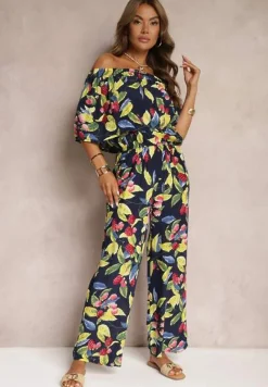 Granatowo-Zielony Kombinezon z Wiskozy z Dekoltem w Stylu Hiszpanki Nelodie