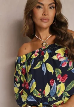 Granatowo-Zielony Kombinezon z Wiskozy z Dekoltem w Stylu Hiszpanki Nelodie