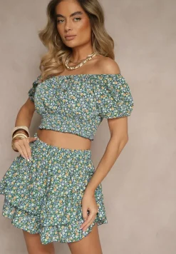 Granatowo-Zielony Komplet Bluzka Typu Hiszpanka i Spódnico-Szorty Zdobione Falbanami Sadeviae