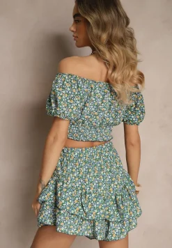 Granatowo-Zielony Komplet Bluzka Typu Hiszpanka i Spódnico-Szorty Zdobione Falbanami Sadeviae