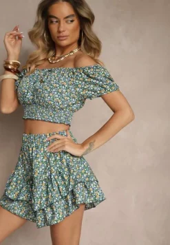 Granatowo-Zielony Komplet Bluzka Typu Hiszpanka i Spódnico-Szorty Zdobione Falbanami Sadeviae