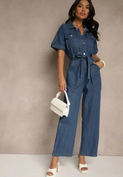 Granatowy Denimowy Kombinezon z Bawełny z Materiałowym Paskiem w Talii i Szerokimi Nogawkami Yonadea