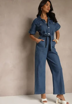 Granatowy Denimowy Kombinezon z Bawełny z Materiałowym Paskiem w Talii i Szerokimi Nogawkami Yonadea