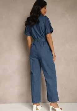 Granatowy Denimowy Kombinezon z Bawełny z Materiałowym Paskiem w Talii i Szerokimi Nogawkami Yonadea