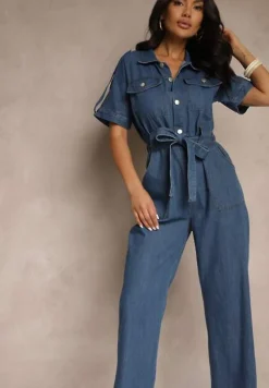 Granatowy Denimowy Kombinezon z Bawełny z Materiałowym Paskiem w Talii i Szerokimi Nogawkami Yonadea
