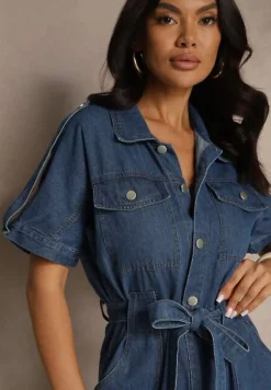 Granatowy Denimowy Kombinezon z Bawełny z Materiałowym Paskiem w Talii i Szerokimi Nogawkami Yonadea