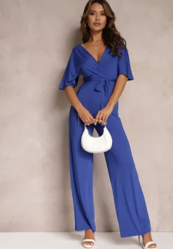 Granatowy Długi Kombinezon z Wiązaniem i Głębokim Kopertowym Dekoltem Sumya