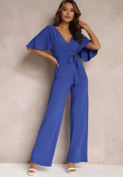 Granatowy Długi Kombinezon z Wiązaniem i Głębokim Kopertowym Dekoltem Sumya