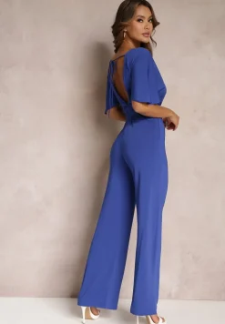 Granatowy Długi Kombinezon z Wiązaniem i Głębokim Kopertowym Dekoltem Sumya