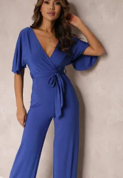 Granatowy Długi Kombinezon z Wiązaniem i Głębokim Kopertowym Dekoltem Sumya