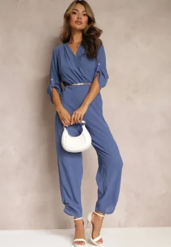 Granatowy Długi Kombinezon z Marszczeniem i Kopertowym Dekoltem Jonitta