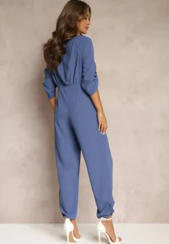 Granatowy Długi Kombinezon z Marszczeniem i Kopertowym Dekoltem Jonitta