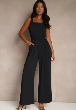 Granatowy Elegancki Kombinezon Ozdobiony Paskiem z Klamrą Dolanela