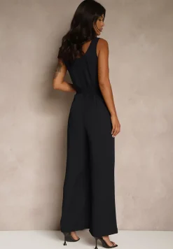 Granatowy Elegancki Kombinezon Ozdobiony Paskiem z Klamrą Dolanela