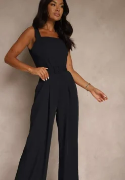 Granatowy Elegancki Kombinezon Ozdobiony Paskiem z Klamrą Dolanela