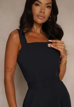 Granatowy Elegancki Kombinezon Ozdobiony Paskiem z Klamrą Dolanela