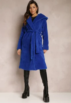 Granatowy Futrzany Płaszcz Wiązany w Pasie Vimegi