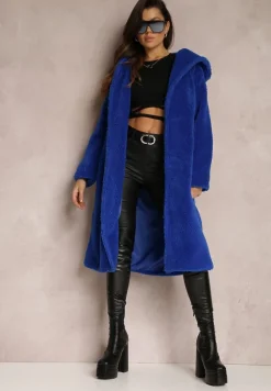 Granatowy Futrzany Płaszcz Wiązany w Pasie Vimegi