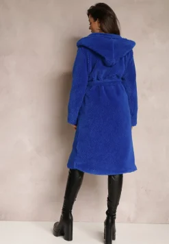 Granatowy Futrzany Płaszcz Wiązany w Pasie Vimegi