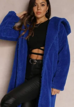 Granatowy Futrzany Płaszcz Wiązany w Pasie Vimegi