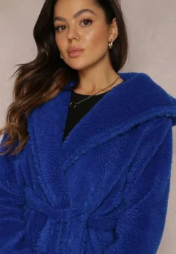 Granatowy Futrzany Płaszcz Wiązany w Pasie Vimegi