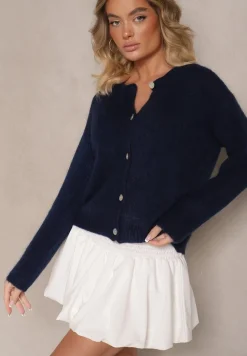 Granatowy Kardigan o Casualowym Kroju z Wełną i Moherem Lilothel