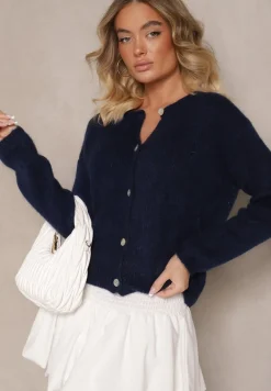 Granatowy Kardigan o Casualowym Kroju z Wełną i Moherem Lilothel