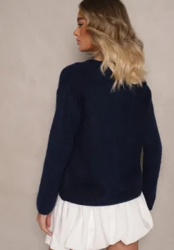 Granatowy Kardigan o Casualowym Kroju z Wełną i Moherem Lilothel