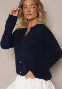 Granatowy Kardigan o Casualowym Kroju z Wełną i Moherem Lilothel