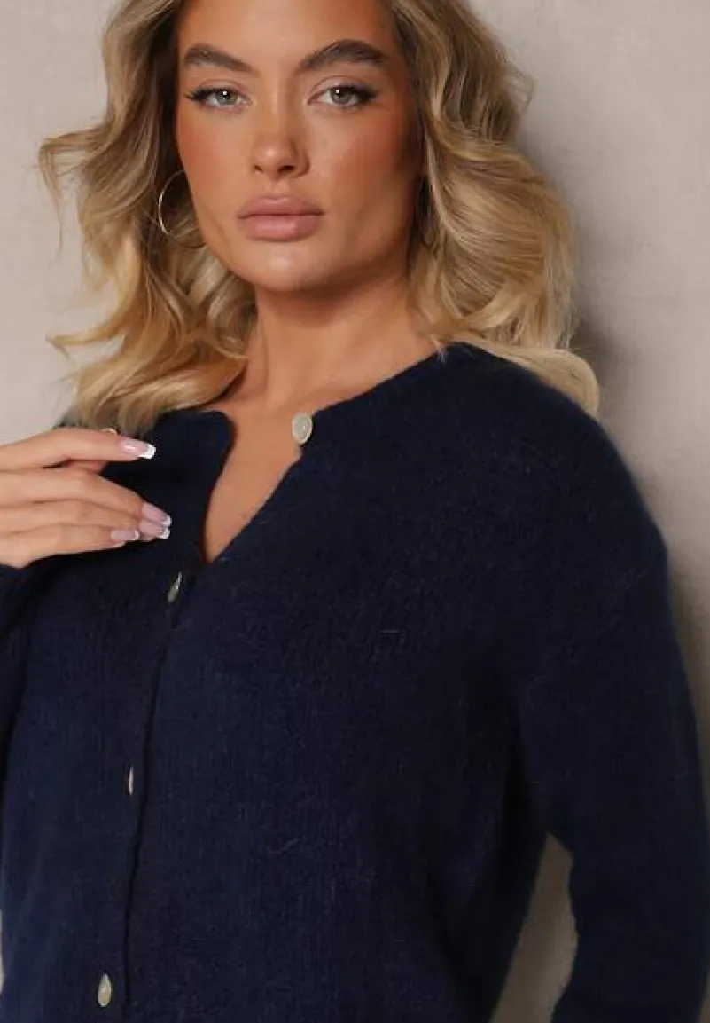 Granatowy Kardigan o Casualowym Kroju z Wełną i Moherem Lilothel
