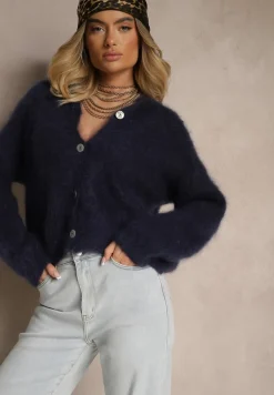 Granatowy Kardigan z Moheru w Eleganckim Stylu Koriano
