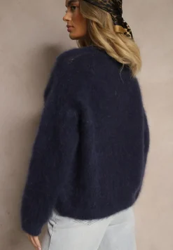 Granatowy Kardigan z Moheru w Eleganckim Stylu Koriano