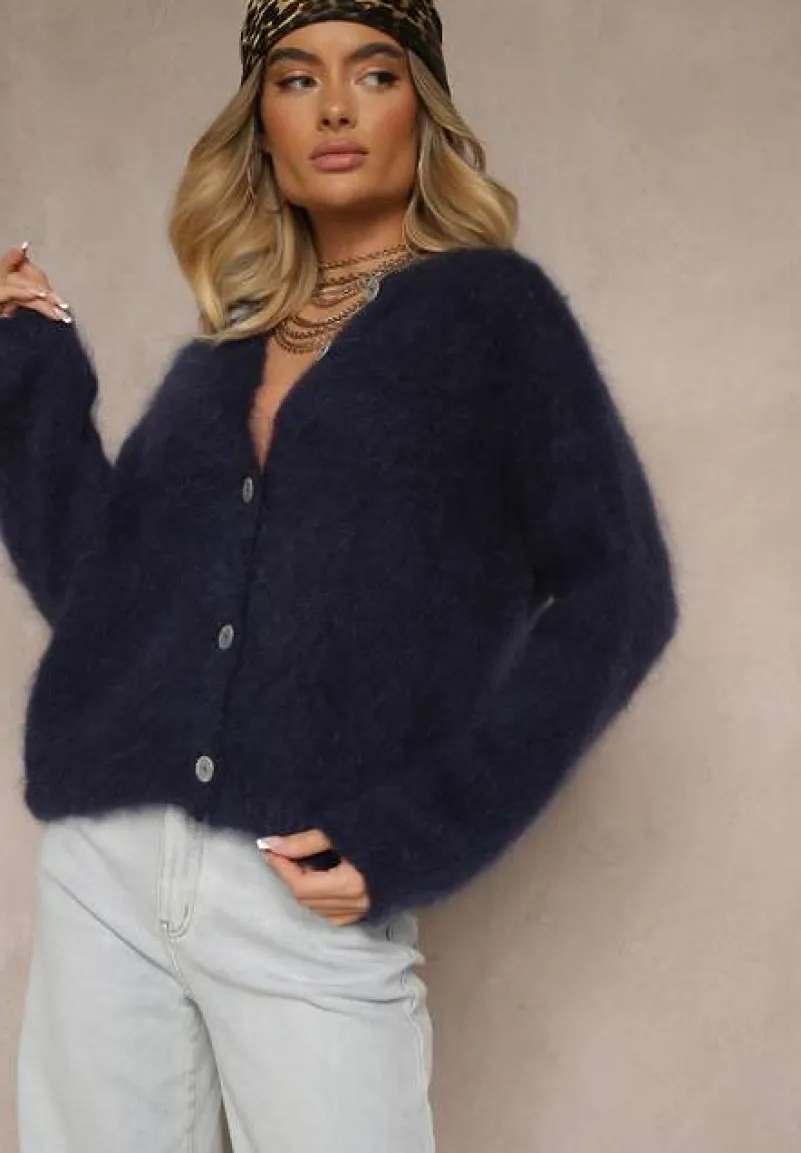 Granatowy Kardigan z Moheru w Eleganckim Stylu Koriano
