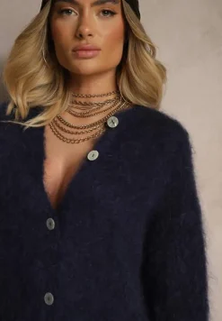 Granatowy Kardigan z Moheru w Eleganckim Stylu Koriano