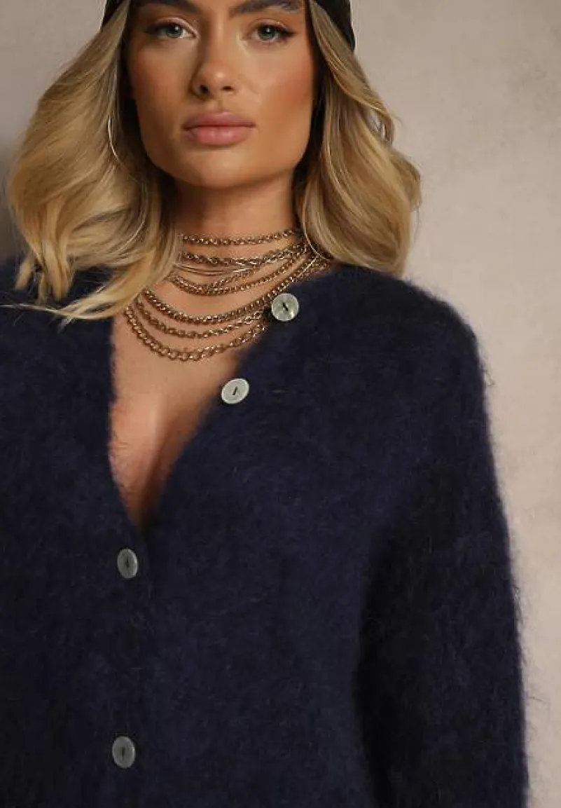 Granatowy Kardigan z Moheru w Eleganckim Stylu Koriano