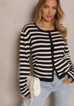 Granatowy Kardigan z Wiskozą o Klasycznym Kroju w Prążki Nolreis