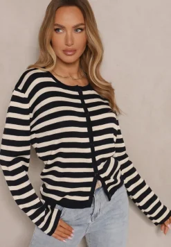 Granatowy Kardigan z Wiskozą o Klasycznym Kroju w Prążki Nolreis