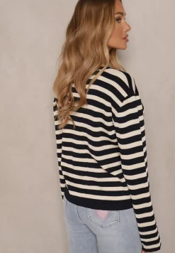 Granatowy Kardigan z Wiskozą o Klasycznym Kroju w Prążki Nolreis