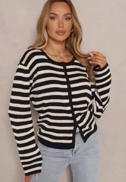 Granatowy Kardigan z Wiskozą o Klasycznym Kroju w Prążki Nolreis