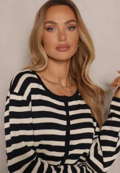 Granatowy Kardigan z Wiskozą o Klasycznym Kroju w Prążki Nolreis