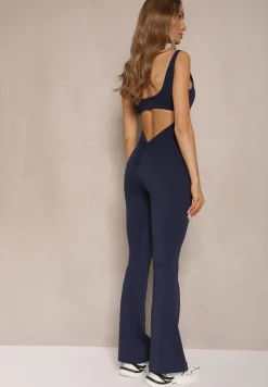 Granatowy Kombinezon Taliowany z Wycięciem na Plecach i Usztywnianymi Miseczkami Senimi