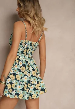 Granatowy Kombinezon w Kwiatowy Print z Wiązanym Paskiem na Ramiączkach Linessa