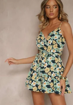 Granatowy Kombinezon w Kwiatowy Print z Wiązanym Paskiem na Ramiączkach Linessa