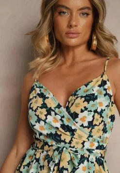 Granatowy Kombinezon w Kwiatowy Print z Wiązanym Paskiem na Ramiączkach Linessa