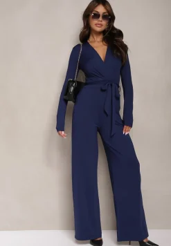 Granatowy Kombinezon z Kopertowym Dekoltem Ivemie